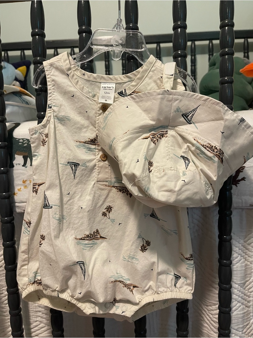 Carter's Cream Island & Sailboat Print Baby Romper with Matching Hat